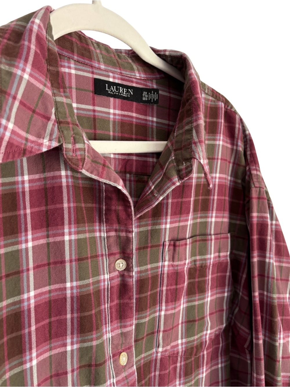 Lauren Ralph Lauren Plaid Button Up Shirt Womens Plus 2X Cotton Burgundy Olive